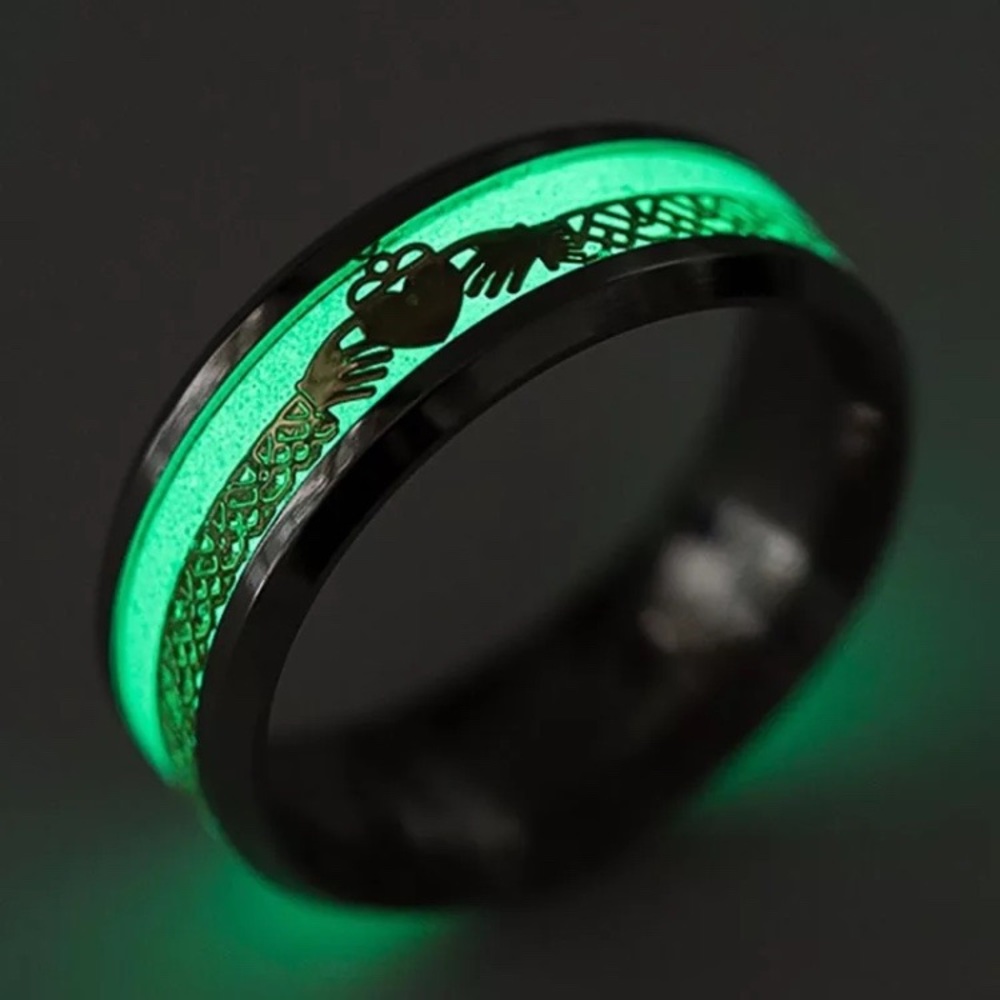 Stainless Steel Glow in the Dark Heart Ring Black White Gold Green